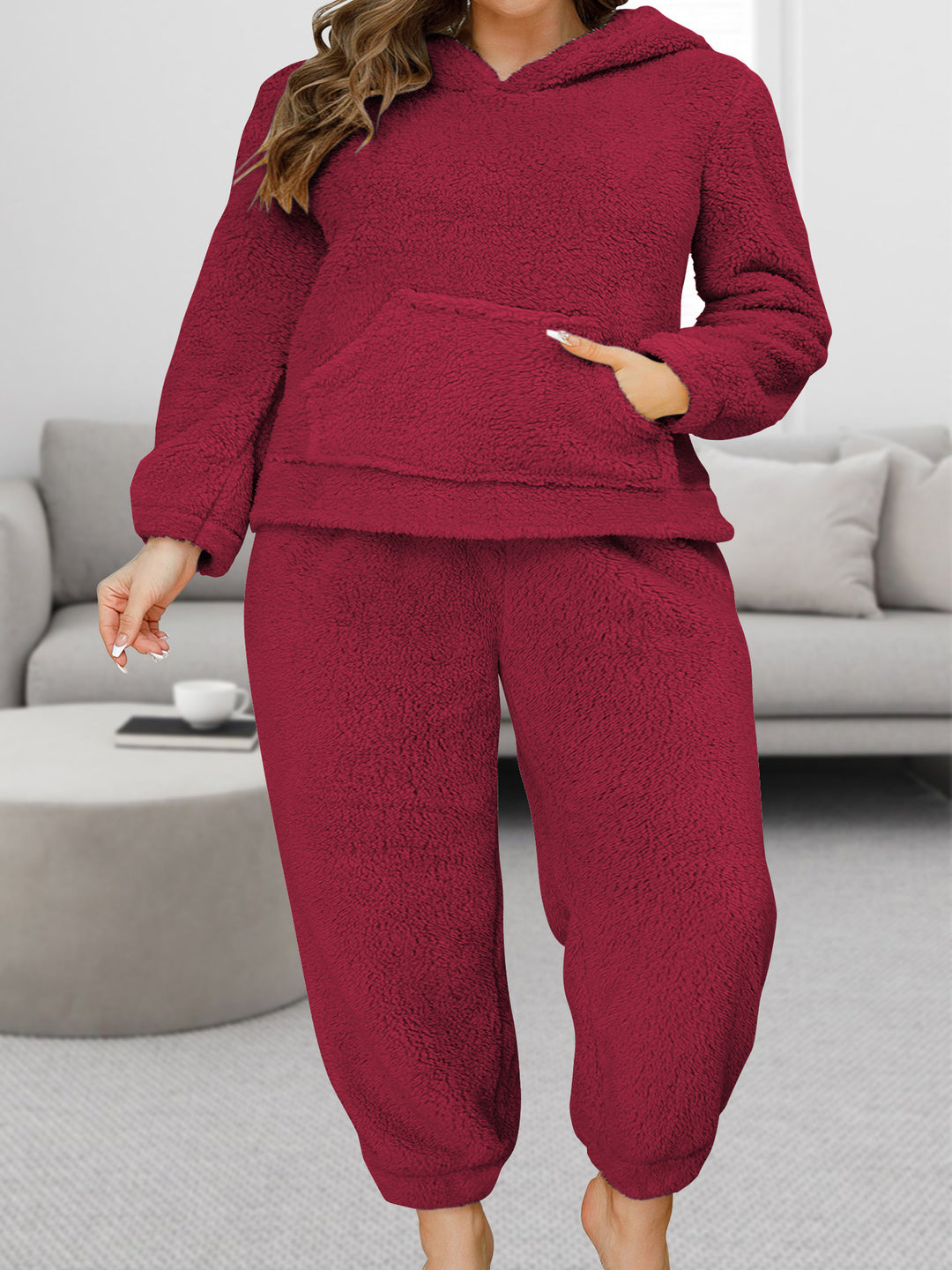 Damen Kuscheliges Teddy-Fleece Lounge-Set mit Kapuzenpullover und Jogginghose Drune