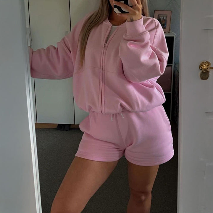 Damen nan zweiteiliges Sweat-Set mit oversized Reißverschluss-Jacke und elastischer Highwaist-Shorts Drune