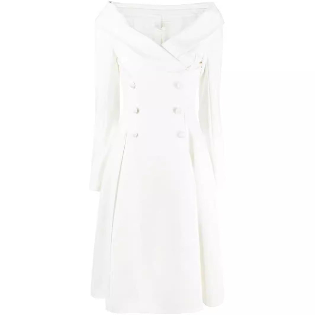 Damen Maxikleid im Mantel‑Look mit Carmenkragen und Doppelreihe Drune