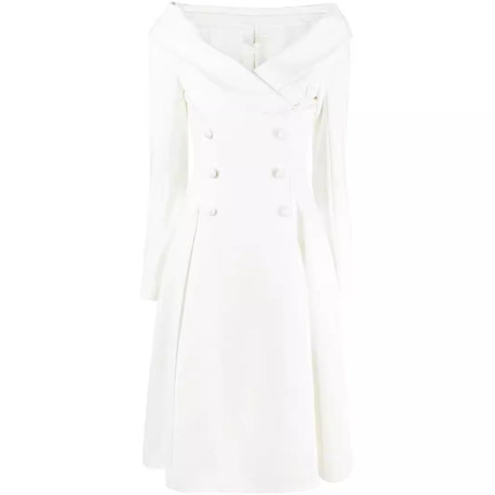 Damen Maxikleid im Mantel‑Look mit Carmenkragen und Doppelreihe Drune