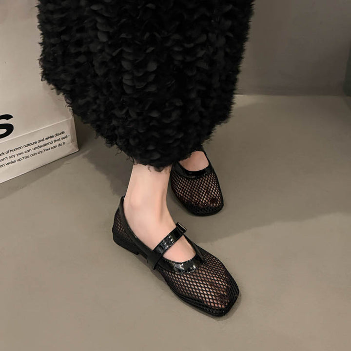 Damen Casual Mesh Mary Jane Ballerinas mit verstellbarem Riemen Drune