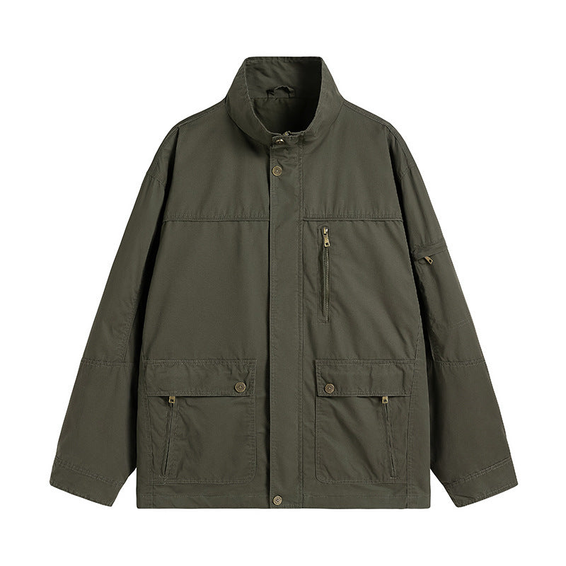 Herren leichte Utility-Feldjacke mit Stehkragen und Mehrfachtaschen Drune