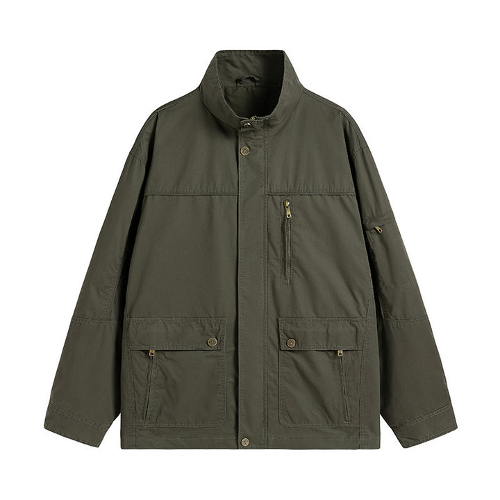 Herren leichte Utility-Feldjacke mit Stehkragen und Mehrfachtaschen Drune