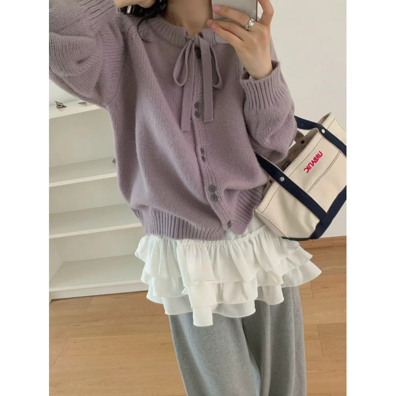 Damen Kürzer Strickcardigan mit Schleifenband und leichtem Material Drune