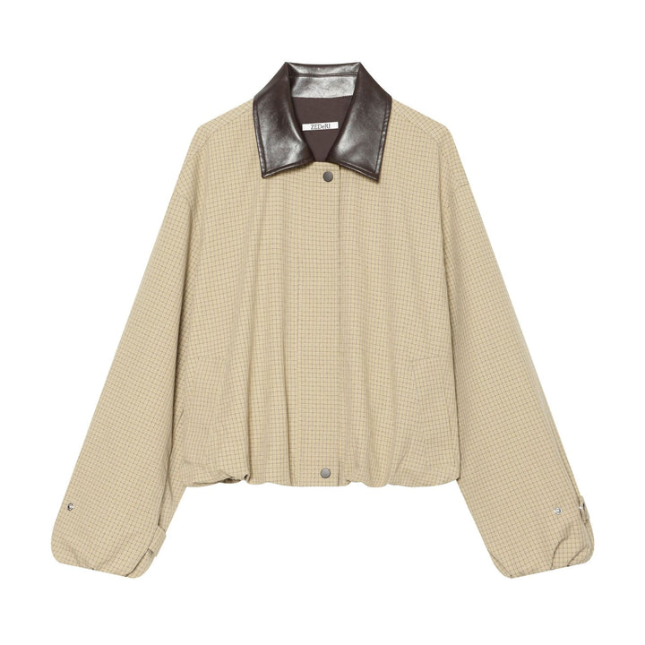 Damen Cropped-Boxy-Übergangsjacke mit Karomuster und kontrastierendem Kunstlederkragen Drune