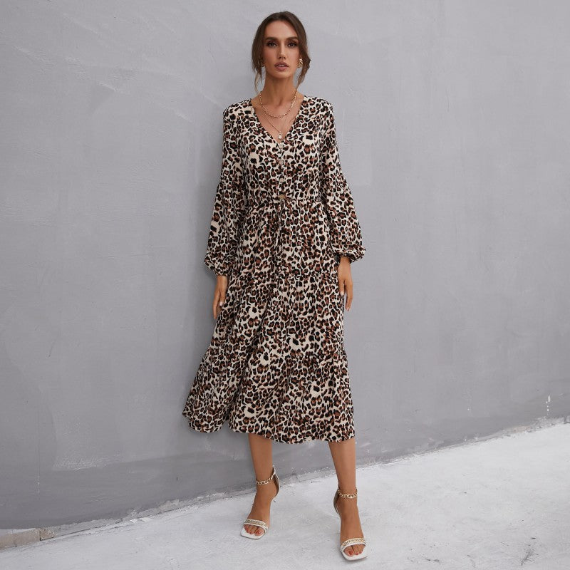 Damen Midikleid im Leo-Print mit V‑Ausschnitt, Knopfleiste, Kordeltaillen und Stufenrock Drune