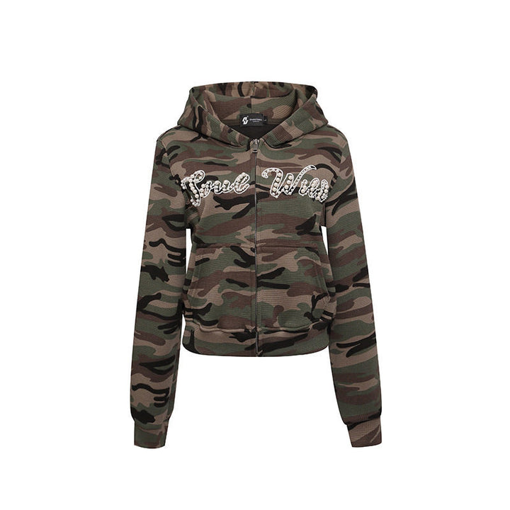 Damen Cropped Kapuzenjacke im Camouflage-Strukturstrick mit Perlen‑Schriftzug Drune