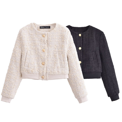 Damen nan taillierter Bouclé-Blouson mit Rundhalsausschnitt und goldfarbenen Druckknöpfen Drune