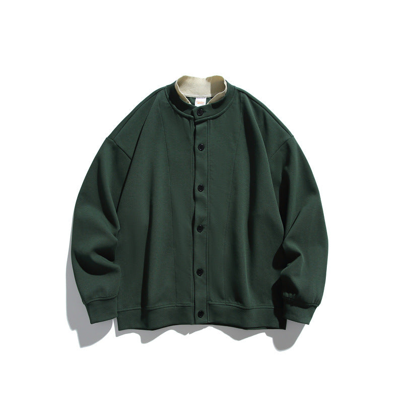 Unisex Oversize Knopfcardigan aus schwerer Baumwollfrottee mit tonalen Nahtpaspeln und geripptem Innenkragen Drune