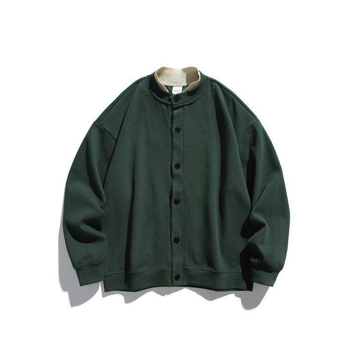 Unisex Oversize Knopfcardigan aus schwerer Baumwollfrottee mit tonalen Nahtpaspeln und geripptem Innenkragen Drune