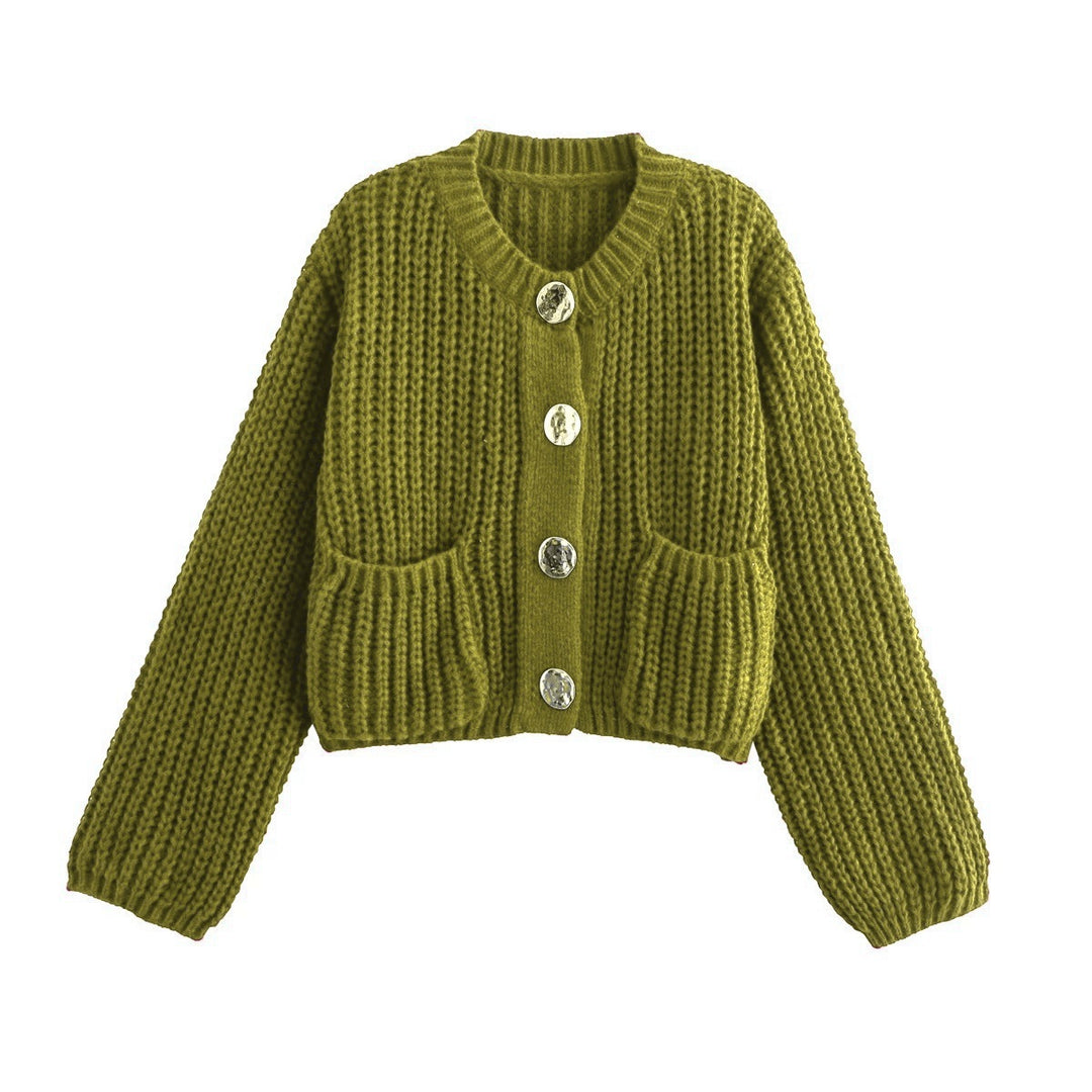 Damen Modische Strickjacke mit großen Knöpfen und praktischen Taschen Drune