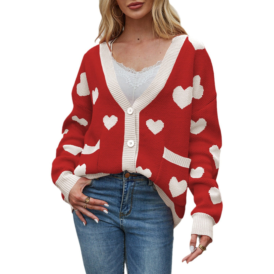 Damen kuschelige Strickjacke mit Herzmuster und großen Taschen Drune