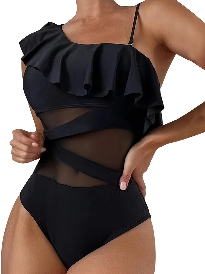 Damen Einteiler Badeanzug mit asymmetrischem Rüschendesign und eleganten Cut-Out-Details Drune