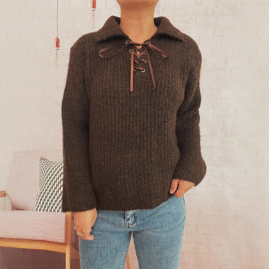 Damen lässiger Strickpullover mit dekorativem Schnürdetail und breiten Ärmel Drune