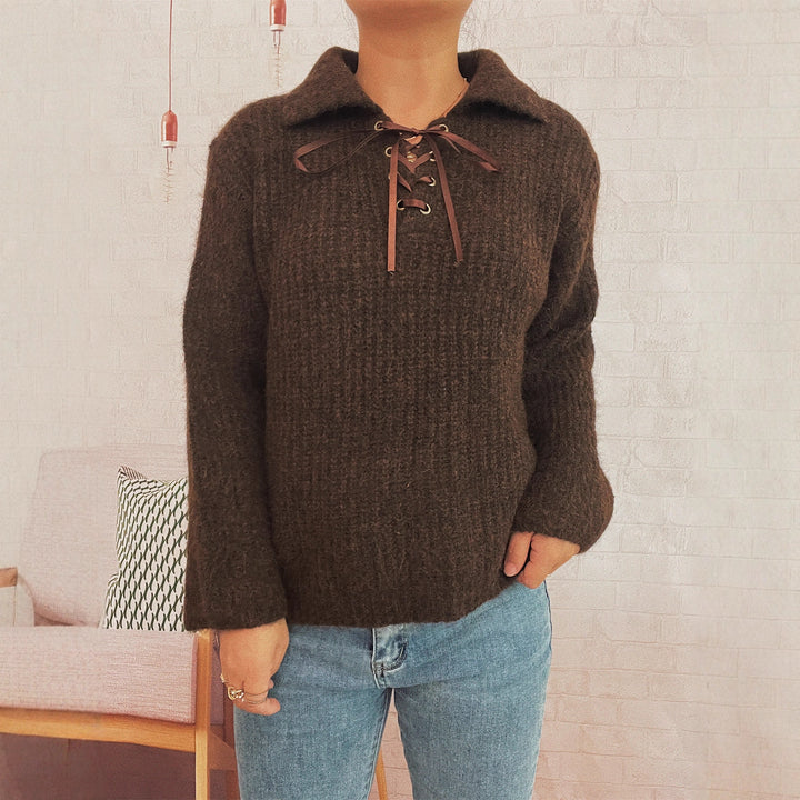 Damen lässiger Strickpullover mit dekorativem Schnürdetail und breiten Ärmel Drune