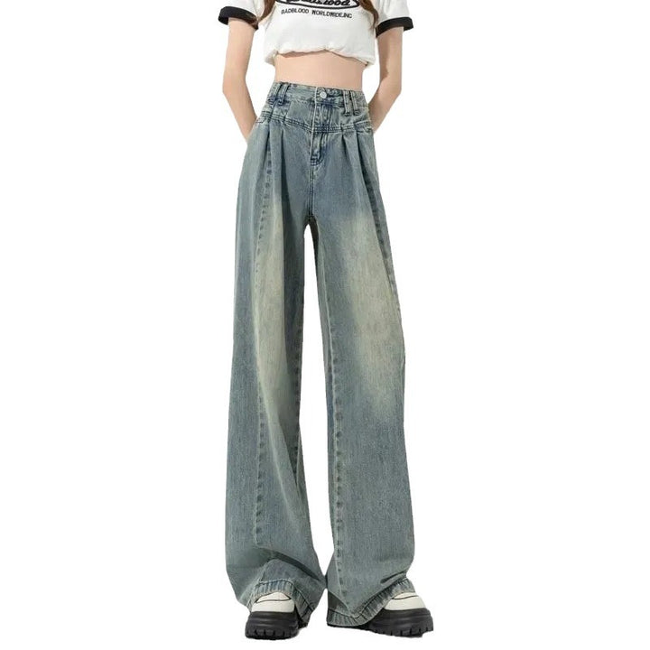 Damen Hochtaillierte Weite Jeans mit Falten Drune