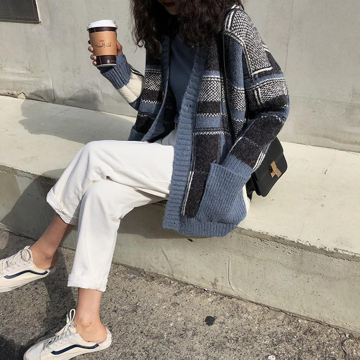 Damen Modischer Oversized Cardigan mit Karomuster Drune