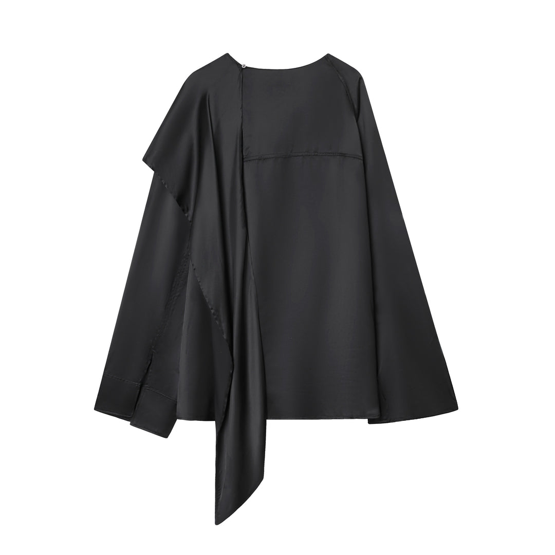 Damen nan asymmetrische Satin-Bluse mit Cascading-Volant und Rundhals Drune