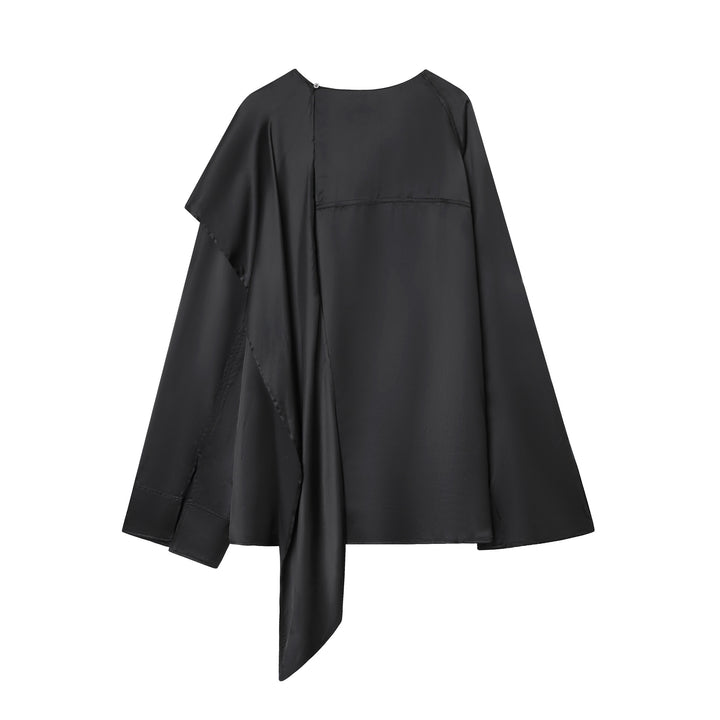 Damen nan asymmetrische Satin-Bluse mit Cascading-Volant und Rundhals Drune