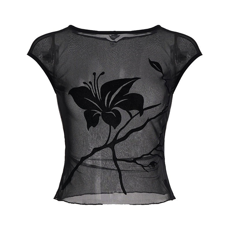 Damen transparente Mesh-Bluse mit floralem Druck Drune