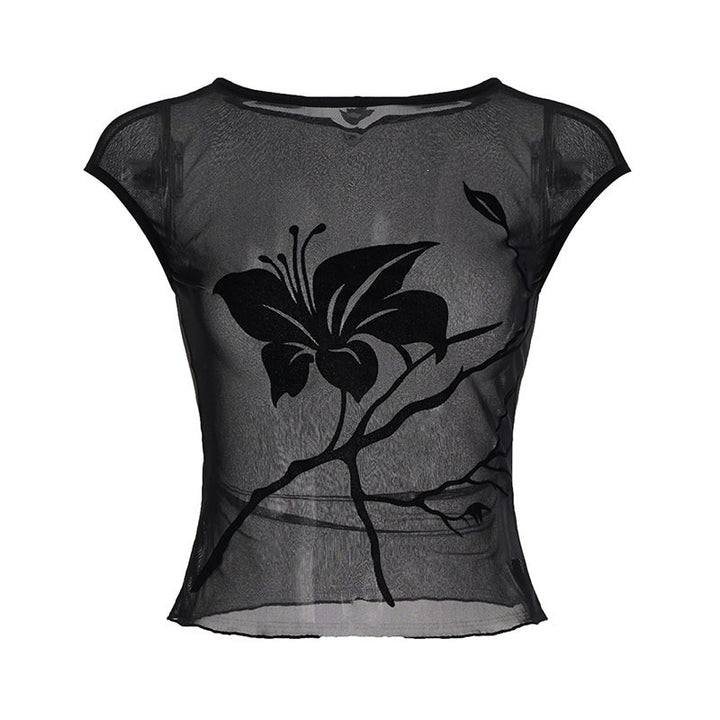 Damen transparente Mesh-Bluse mit floralem Druck Drune