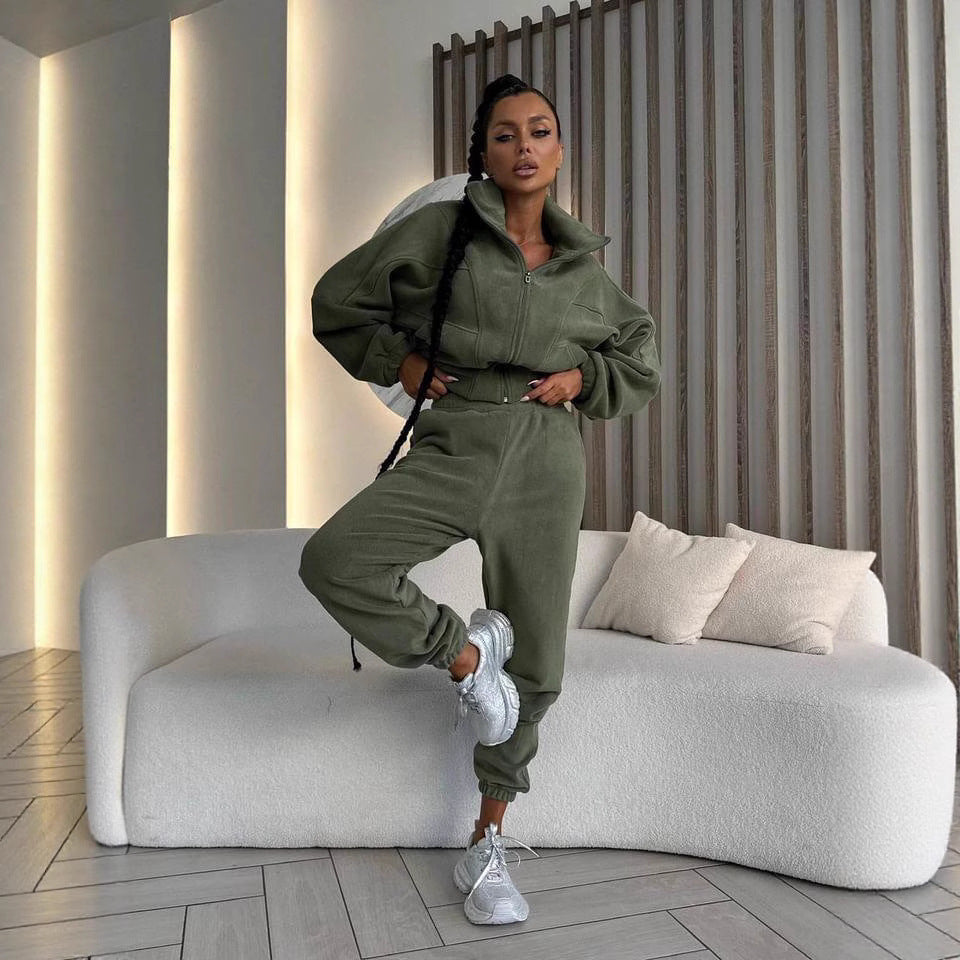 Damen kurzes Reißverschluss-Hoodie mit elastischem Bund und schmal zulaufender High-Waist-Jogginghose aus schwerem French-Terry Drune