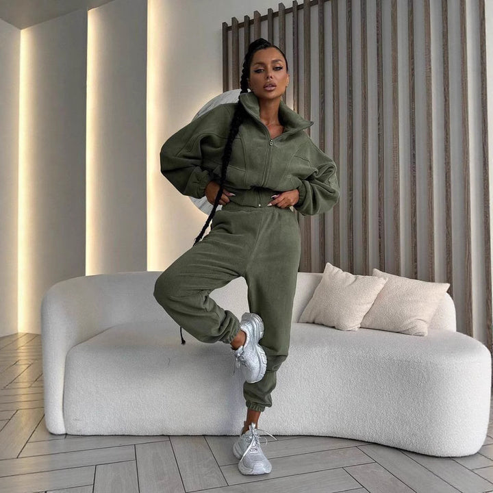Damen kurzes Reißverschluss-Hoodie mit elastischem Bund und schmal zulaufender High-Waist-Jogginghose aus schwerem French-Terry Drune