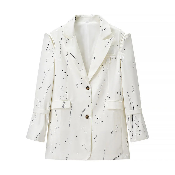 Damen nan kastiger Kunstseiden-Blazer mit abstraktem Splash-Print, Reverskragen und Pattentaschen Drune