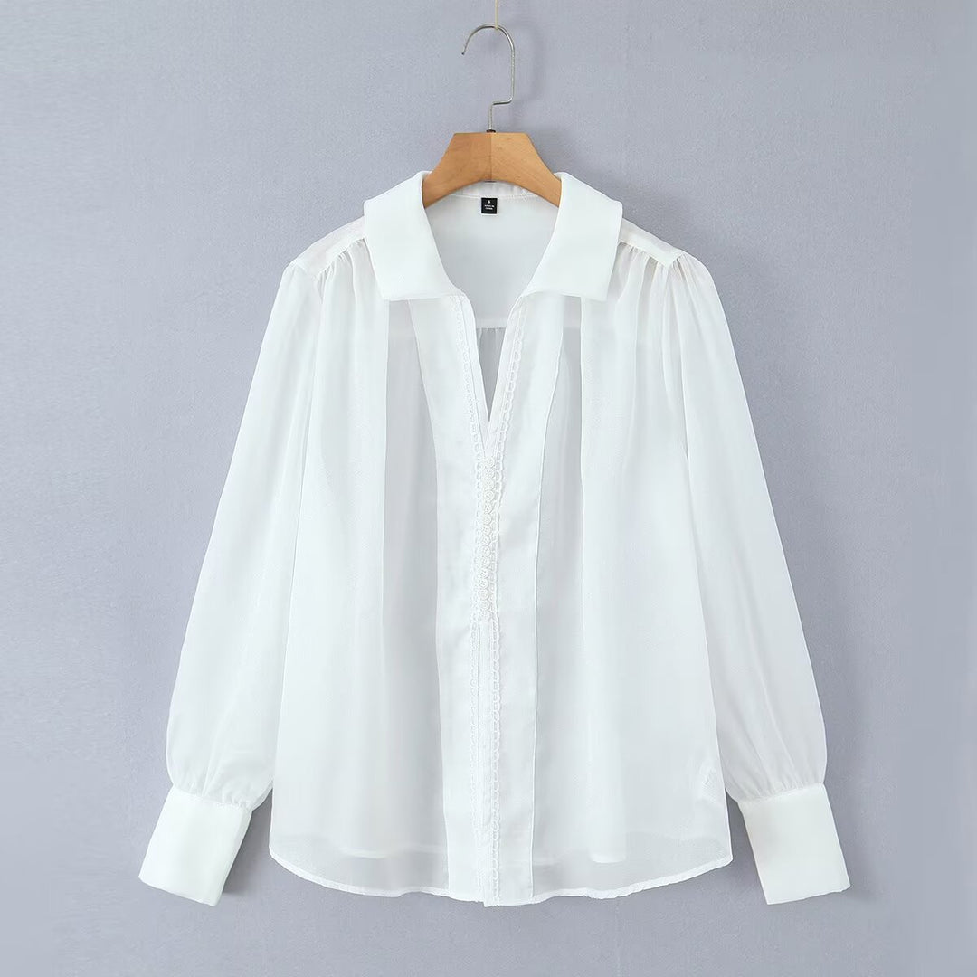Damen elegante Chiffonbluse mit raffinierten Puffärmeln und edlem Kragen Drune