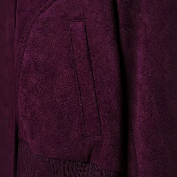 Damen Kurze Veloursleder-Bomberjacke mit hohem Rippenkragen, elastischem Saum und Eingrifftaschen Drune