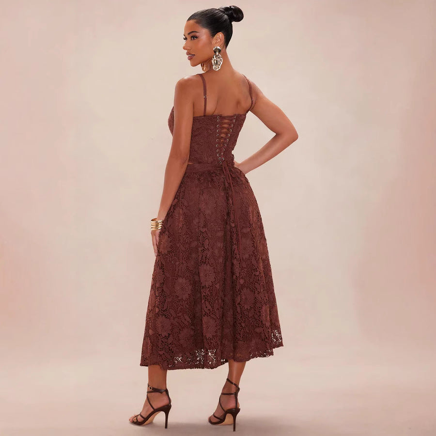Damen Spitzen-Midi-Kleid mit zartem Blumenmuster und schwingendem Rock Drune