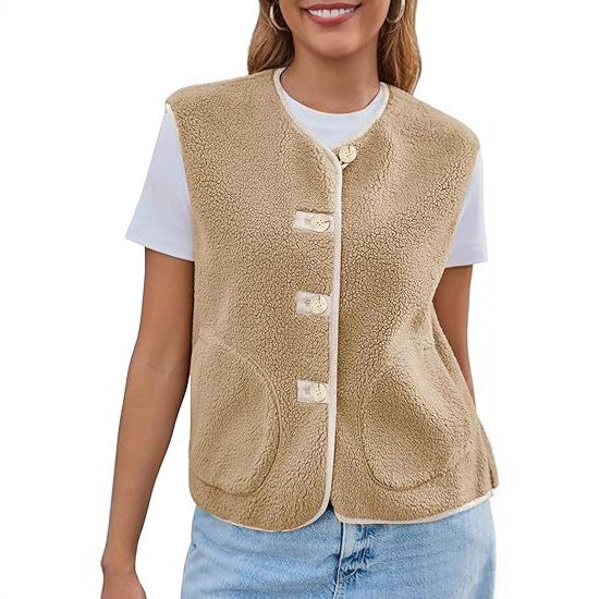 Damen Teddy-Fleece-Weste mit Rundhalsausschnitt und Knopfverschluss Drune