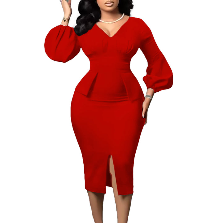 Damen Figurbetontes Midi-Kleid mit Puffärmeln und Schlitz Drune
