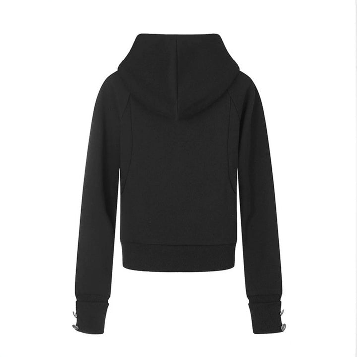 Damen taillierte Kapuzen‑Sweatjacke mit Frontreißverschluss, Nietenbesatz und Taschenapplikation Drune