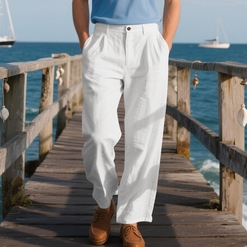 Herren nan weite Leinenhose mit Bundfalten, hohem Bund und Seitentaschen Drune