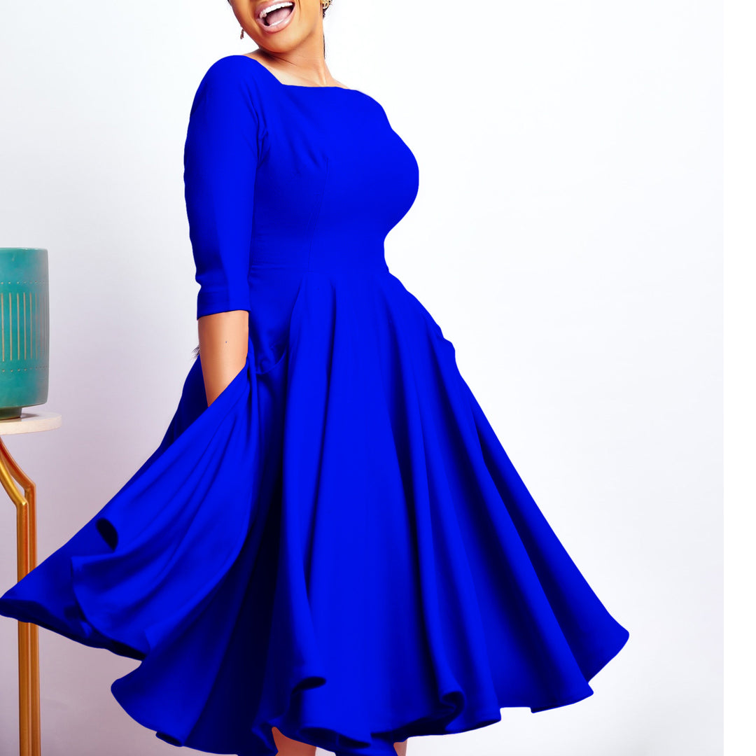 Damen A-Linien Kleid mit schmeichelhaftem Ausschnitt und praktischen Taschen Drune