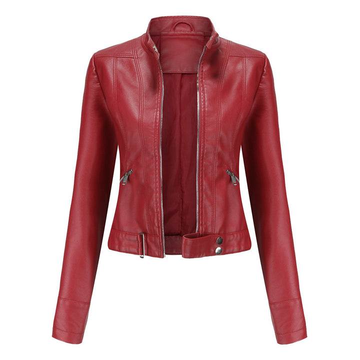 Damen nan kurze taillierte Kunstlederjacke im Racer-Stil mit Stehkragen und Reißverschlusstaschen Drune