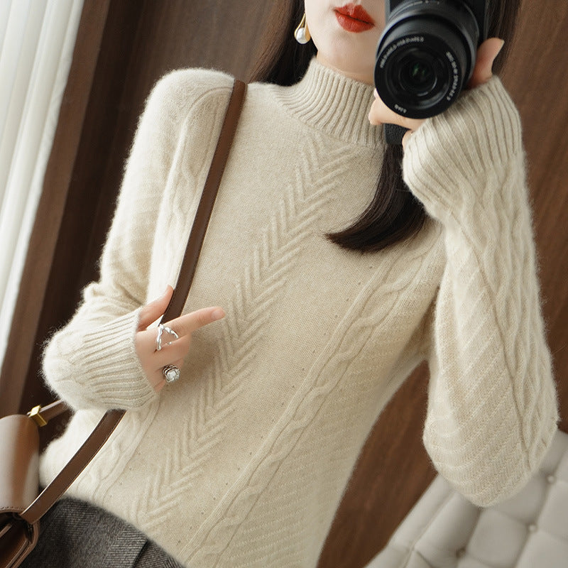 Damen Leichter Mohair‑Look Stehkragenpullover mit Zopf‑Ajour und taillierter Silhouette Drune