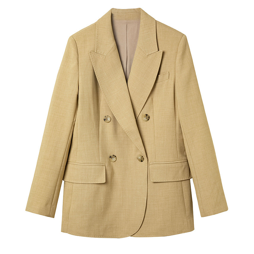 Damen Doppelreihiger strukturierter Blazer mit markantem Revers und Pattentaschen Drune