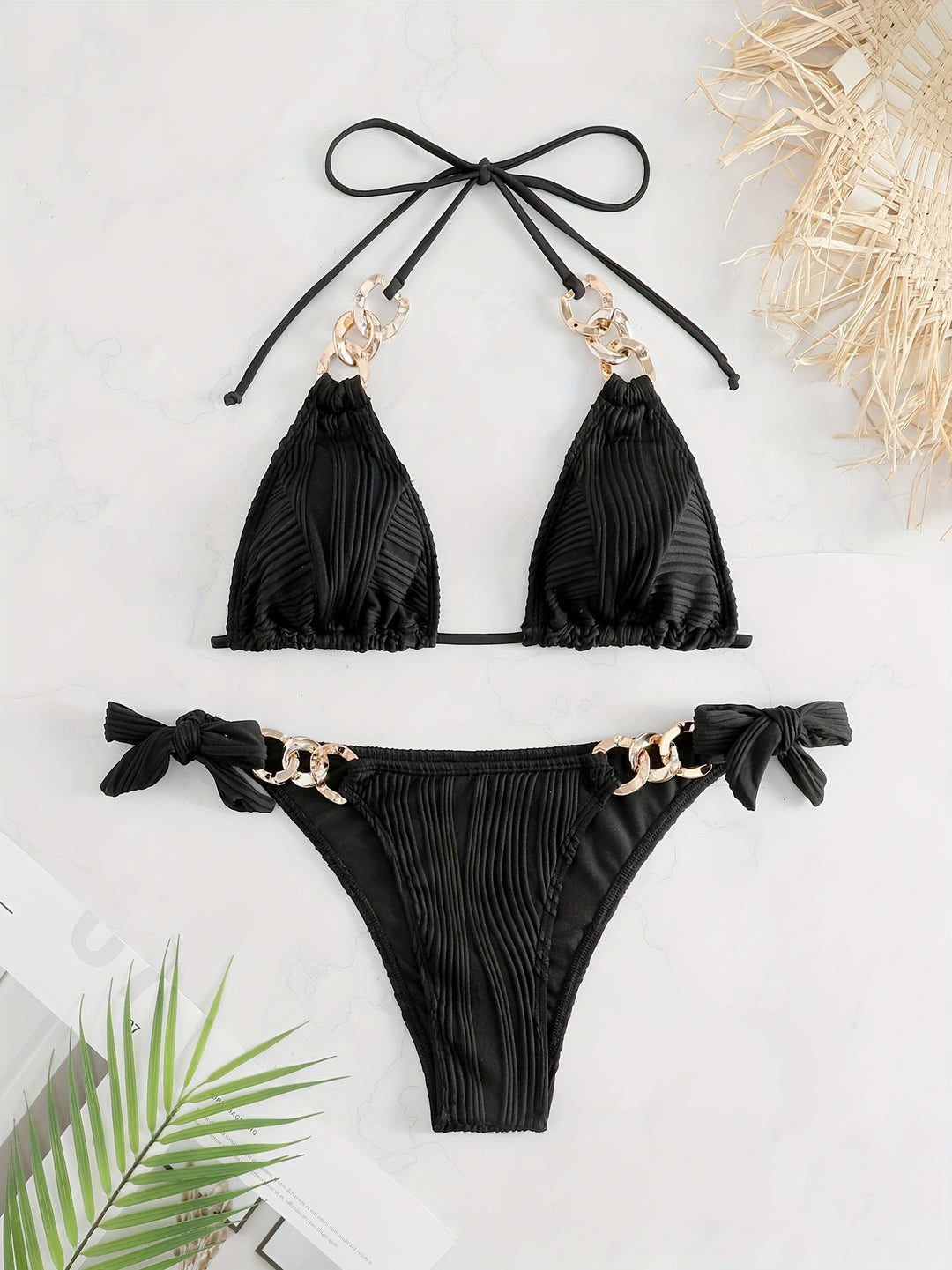 Damen Bikiniset mit luxuriösen Rüschen und goldenen Kettenakzenten Drune