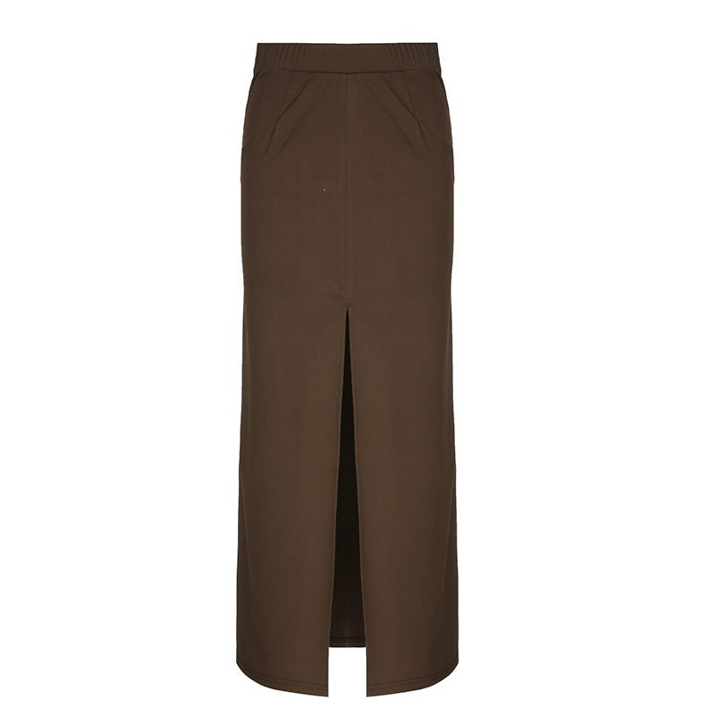 Damen Langer Maxirock mit Frontschlitz, elastischem Bund und Eingrifftaschen Drune