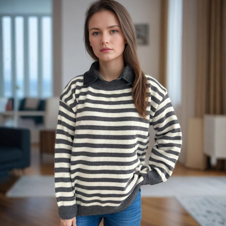 Damen Oversized Pullover mit modischem Streifenmuster und lässiger Passform Drune