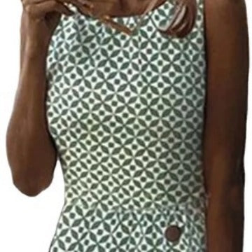Drune | Ärmelloses bedrucktes grünes Knopf-Casual-Kleid