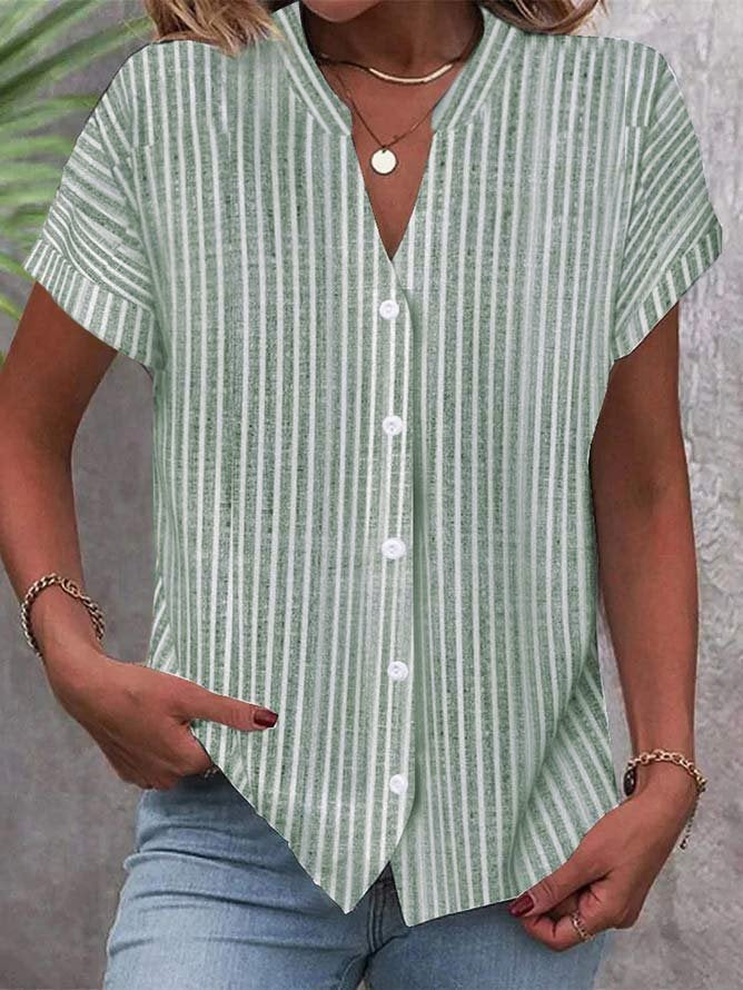 Damen Kurzarm-Bluse mit V-Ausschnitt und Streifenmuster Drune
