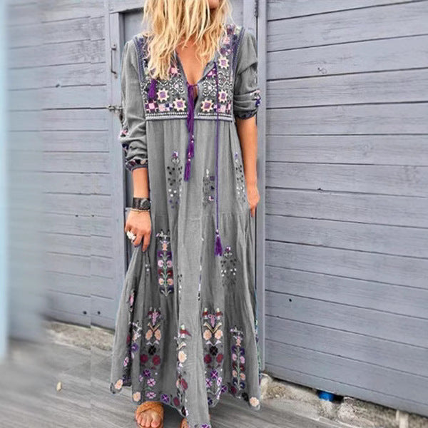 Damen nan besticktes Maxikleid mit langen Ärmeln, Quastenverschluss und folkloristischer Stickerei Drune