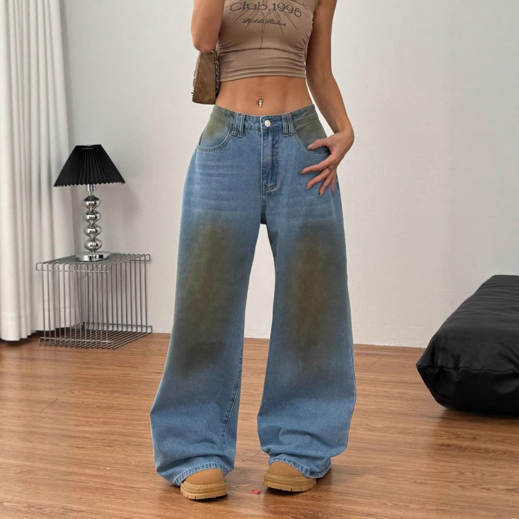 Damen weite High‑Waist-Jeans im Vintage-Wash mit verwaschener Fleckoptik und extra weitem Bein Drune