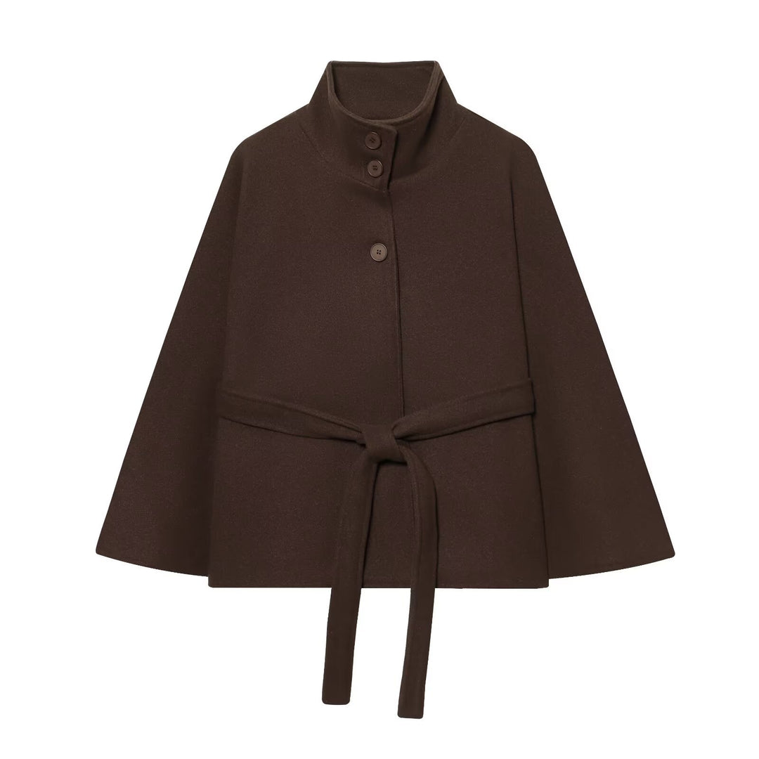 Damen Kurzes Cape-Mantel mit Stehkragen, Knopfleiste und Bindegürtel Drune