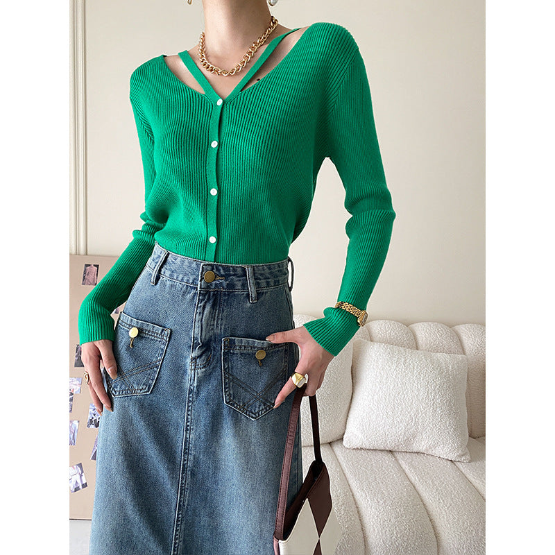 Damen modische Strickjacke mit tiefem V-Ausschnitt Drune