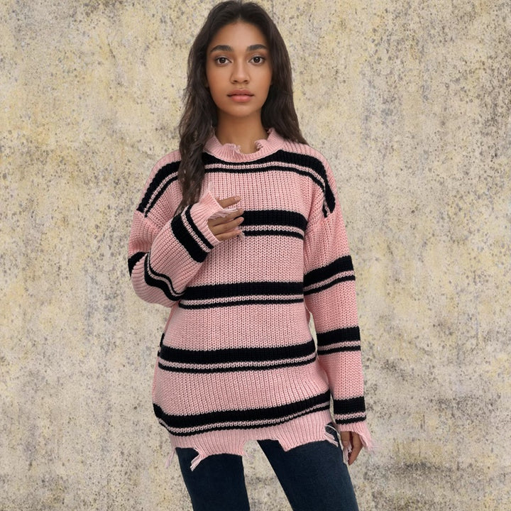 Damen lässiger Streifenpulli mit fransigen Details Drune
