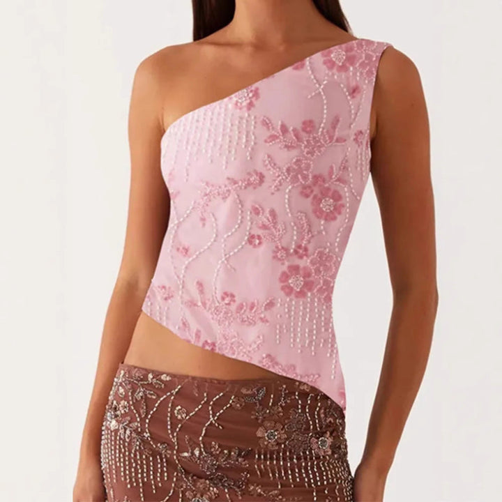 Damen asymmetrisches Oberteil mit floralem Strassdesign Drune